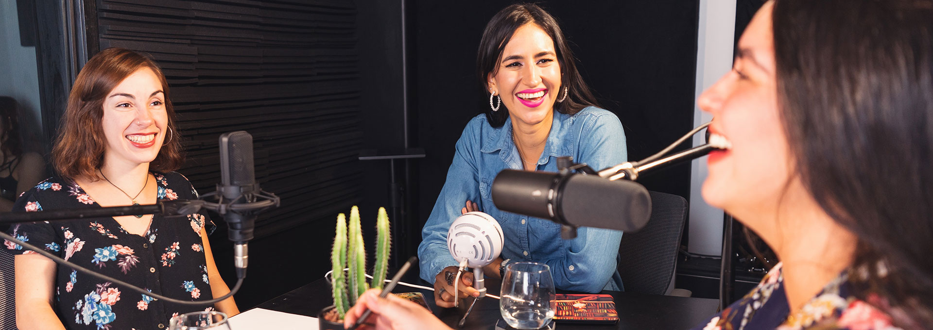 Group of women talking into a microphone